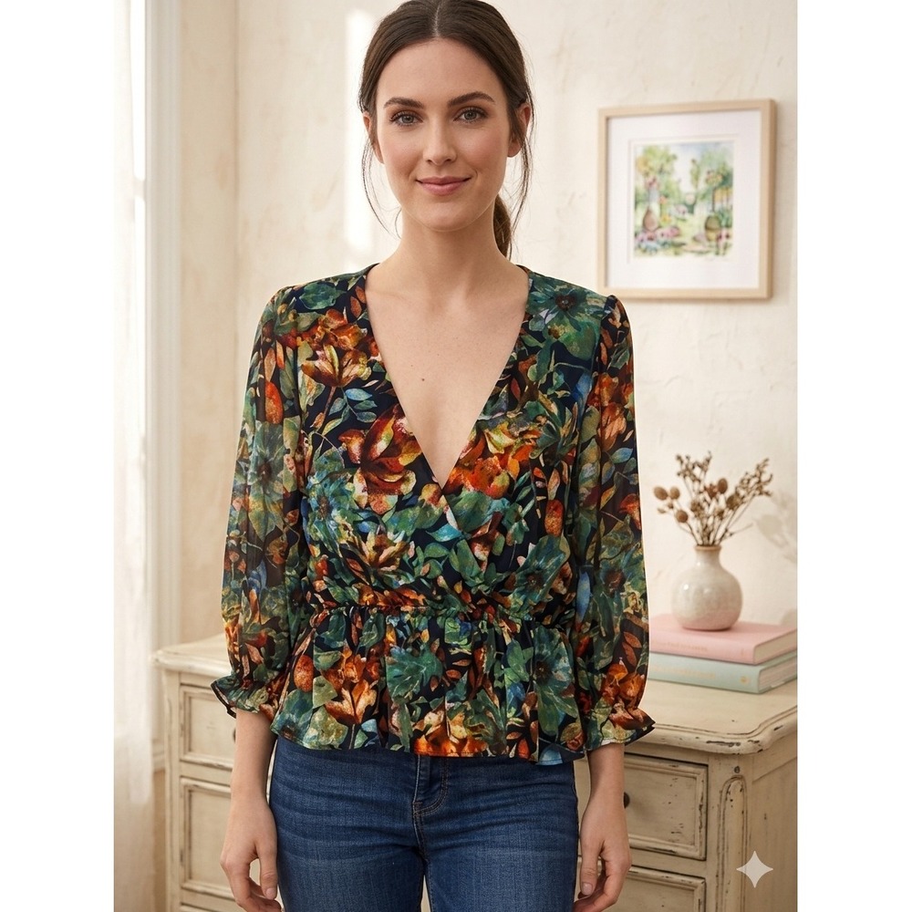 Forever21 Floral Surplice Blouse V-Neck Sheer Chiffon Boho Top Multicolor Medium